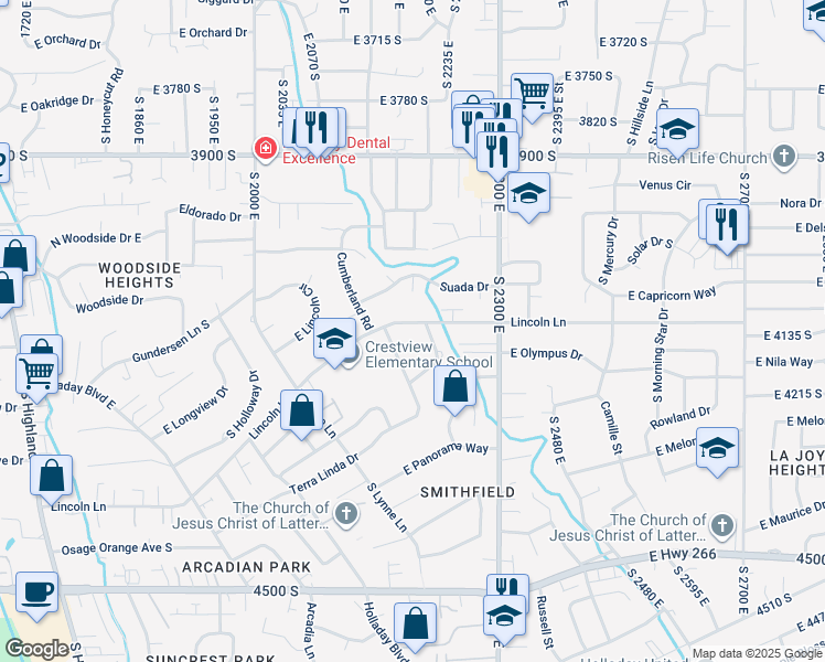 map of restaurants, bars, coffee shops, grocery stores, and more near 4149 Cumberland Road in Holladay