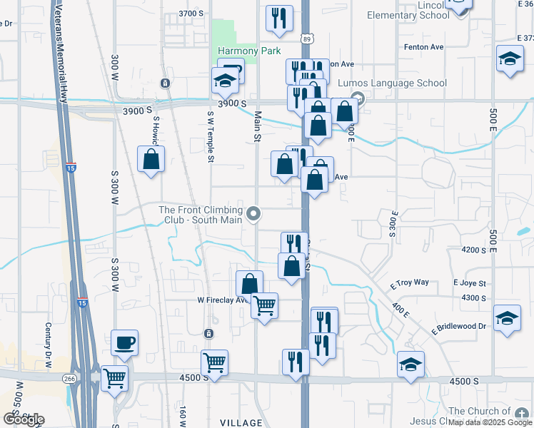 map of restaurants, bars, coffee shops, grocery stores, and more near 4141 South Main Street in Millcreek