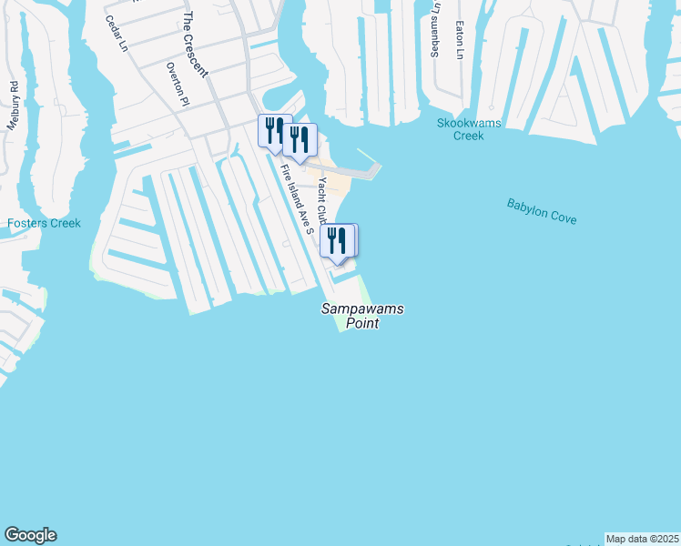 map of restaurants, bars, coffee shops, grocery stores, and more near 16 East Court in Babylon