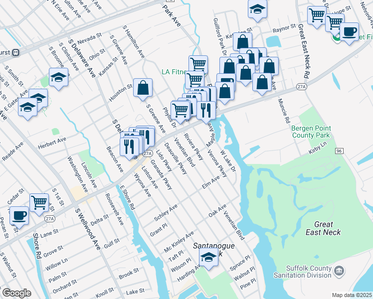 map of restaurants, bars, coffee shops, grocery stores, and more near 24 Venetian Boulevard in Lindenhurst
