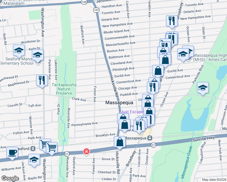 map of restaurants, bars, coffee shops, grocery stores, and more near 566 Hicksville Road in Massapequa