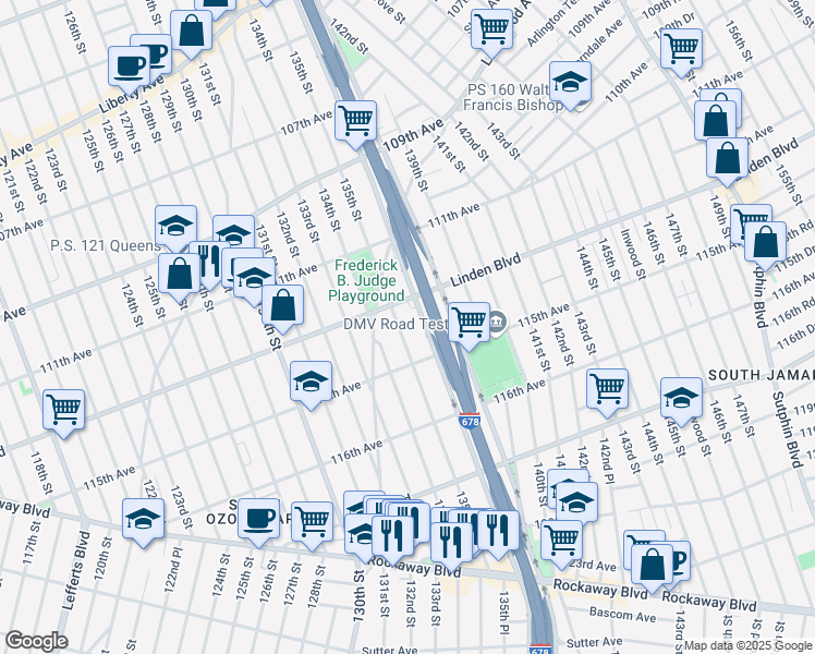 map of restaurants, bars, coffee shops, grocery stores, and more near 114-40 Van Wyck Expressway in Queens