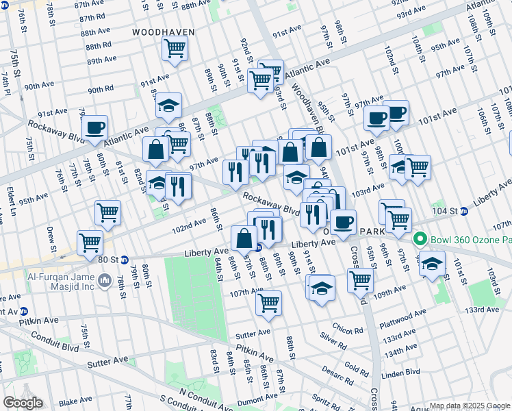 map of restaurants, bars, coffee shops, grocery stores, and more near 88-09 102nd Road in Queens