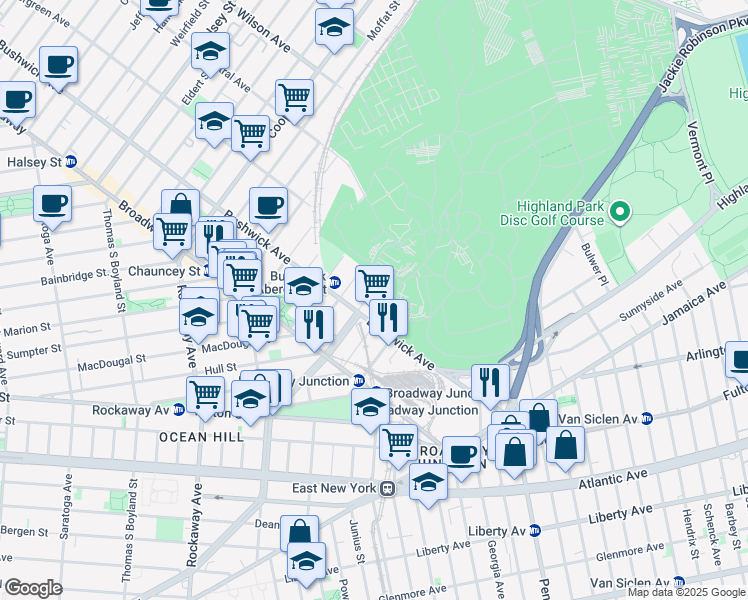 map of restaurants, bars, coffee shops, grocery stores, and more near 1597 Bushwick Avenue in Brooklyn