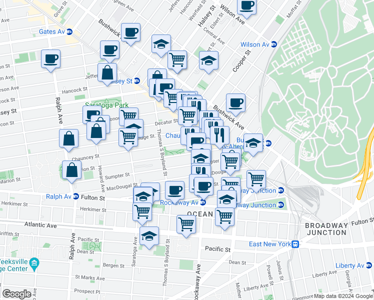 map of restaurants, bars, coffee shops, grocery stores, and more near 422 Marion Street in Brooklyn