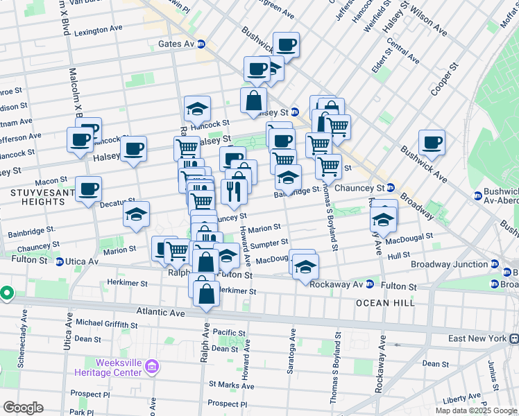 map of restaurants, bars, coffee shops, grocery stores, and more near 346A Chauncey Street in Brooklyn
