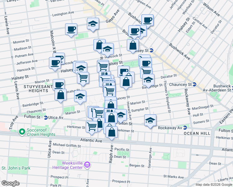 map of restaurants, bars, coffee shops, grocery stores, and more near 323 Chauncey Street in Brooklyn