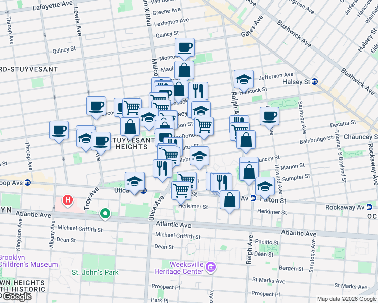 map of restaurants, bars, coffee shops, grocery stores, and more near 239 Bainbridge Street in Brooklyn