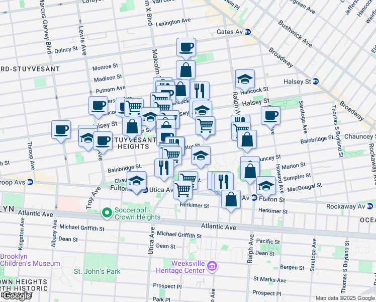 map of restaurants, bars, coffee shops, grocery stores, and more near 239 Bainbridge Street in Brooklyn