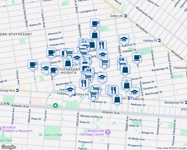 map of restaurants, bars, coffee shops, grocery stores, and more near 239 Bainbridge Street in Brooklyn