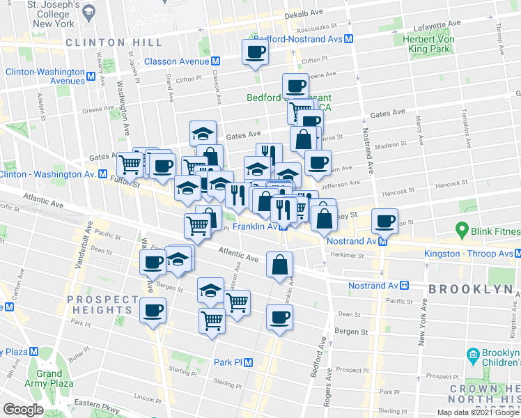 map of restaurants, bars, coffee shops, grocery stores, and more near 1066 Fulton Street in Brooklyn