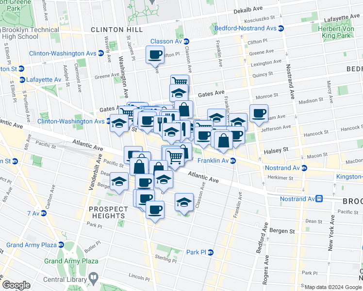 map of restaurants, bars, coffee shops, grocery stores, and more near 73 Lefferts Place in Brooklyn