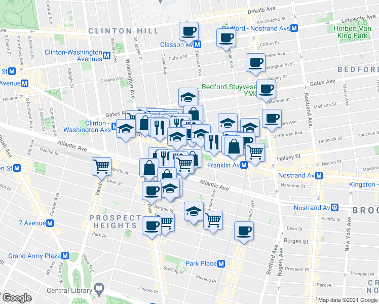 map of restaurants, bars, coffee shops, grocery stores, and more near 73 Lefferts Place in Brooklyn