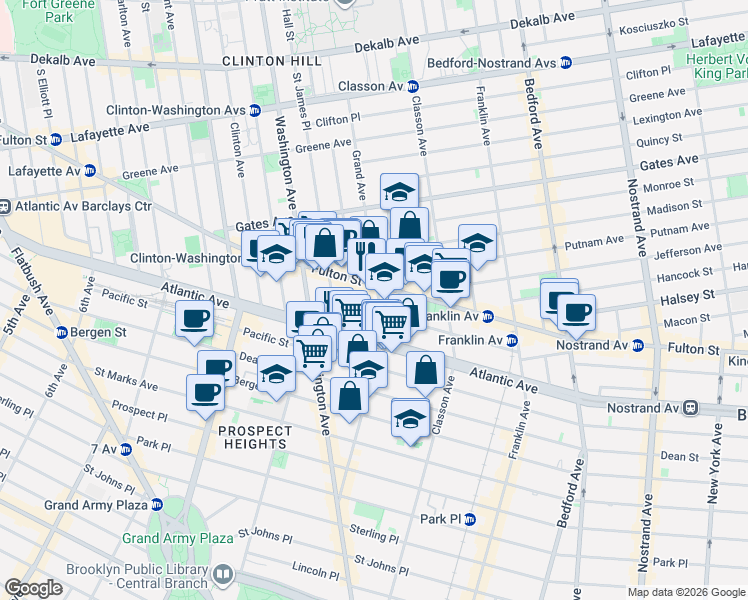 map of restaurants, bars, coffee shops, grocery stores, and more near 42 Lefferts Place in Brooklyn