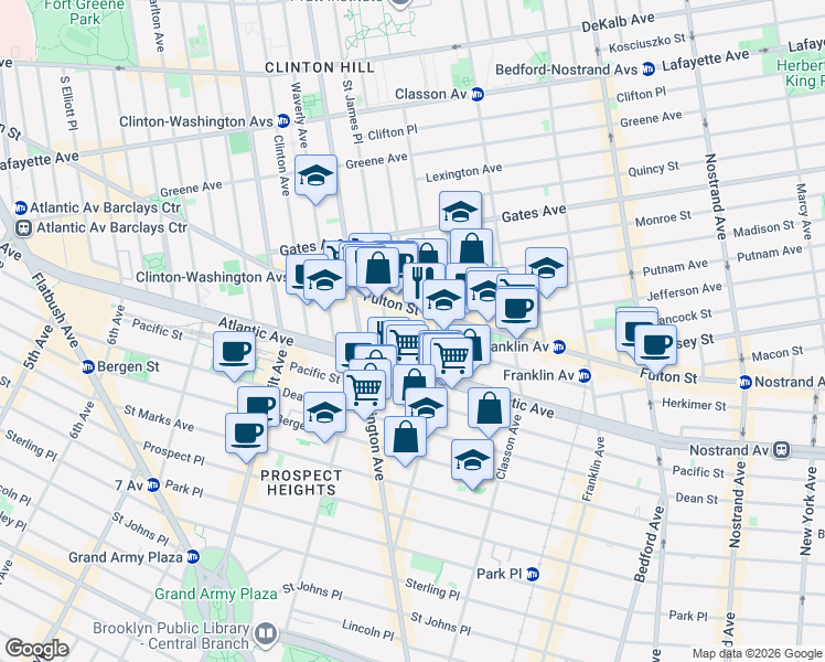 map of restaurants, bars, coffee shops, grocery stores, and more near 42 Lefferts Place in Brooklyn