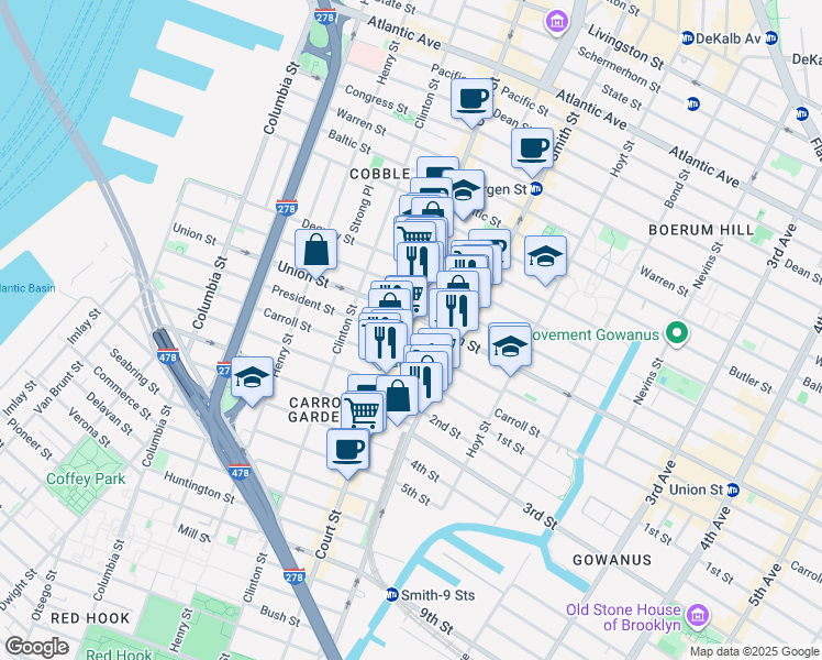 map of restaurants, bars, coffee shops, grocery stores, and more near 374 Court Street in Brooklyn