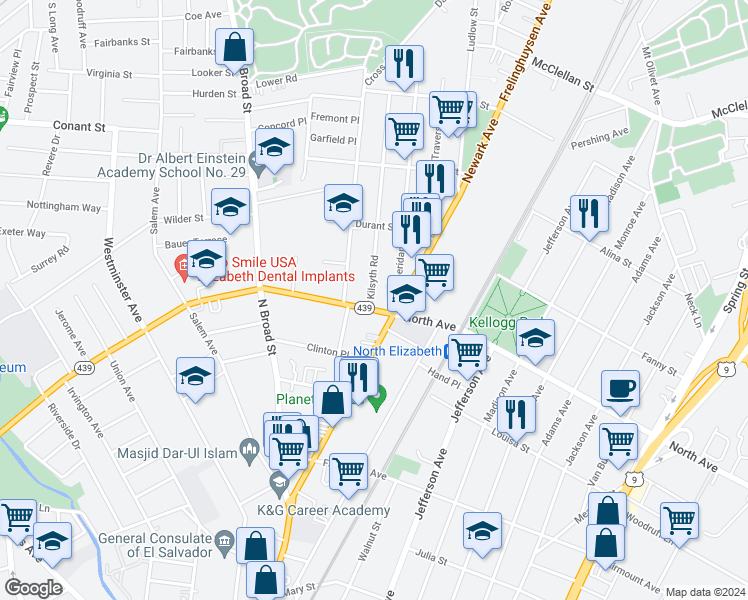 map of restaurants, bars, coffee shops, grocery stores, and more near in Elizabeth