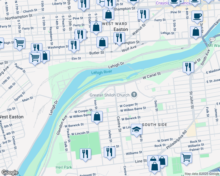 map of restaurants, bars, coffee shops, grocery stores, and more near 707 Mauch Chunk Street in Easton