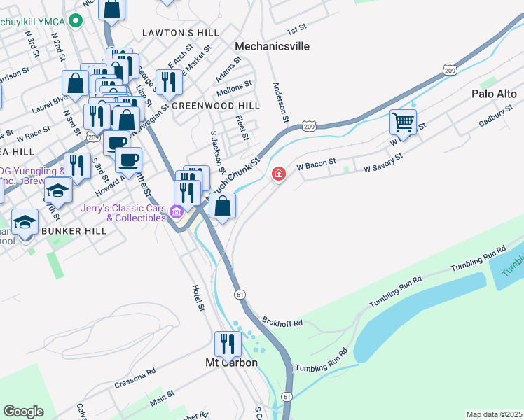 map of restaurants, bars, coffee shops, grocery stores, and more near 638 West Bacon Street in Pottsville