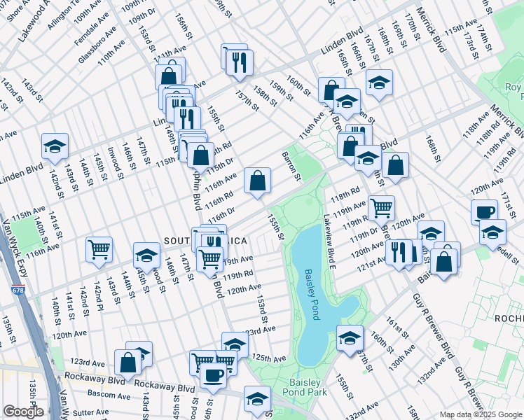 map of restaurants, bars, coffee shops, grocery stores, and more near 154-17 118th Avenue in Queens