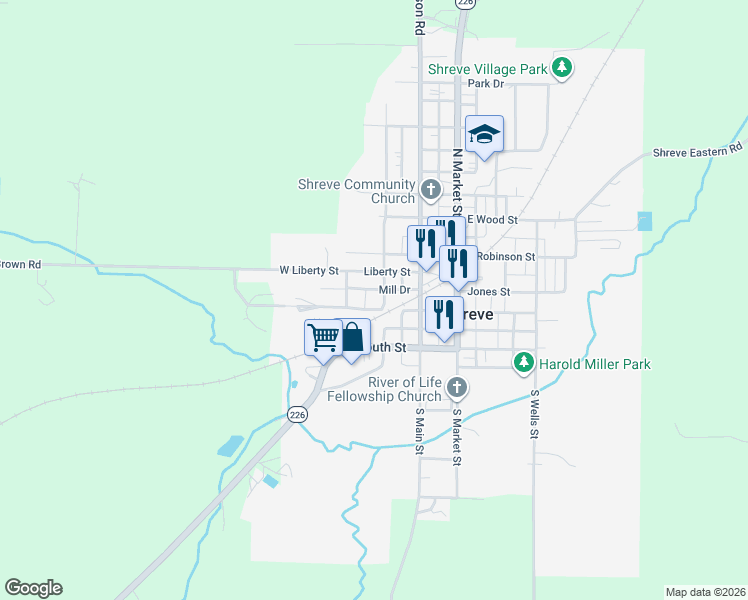 map of restaurants, bars, coffee shops, grocery stores, and more near 106 West McConkey Street in Shreve
