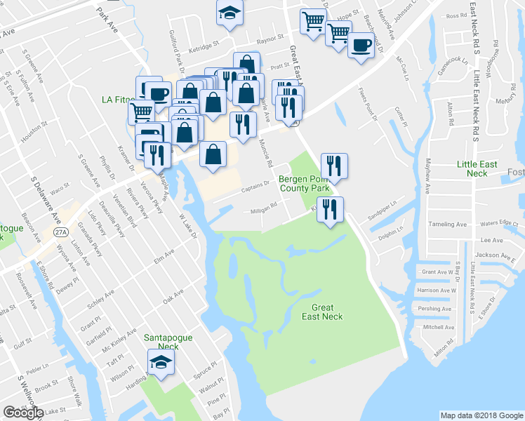 map of restaurants, bars, coffee shops, grocery stores, and more near 148 Milligan Road in West Babylon