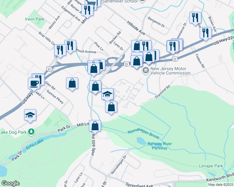map of restaurants, bars, coffee shops, grocery stores, and more near 708 Park Place in Springfield