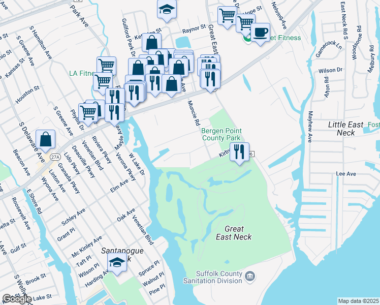 map of restaurants, bars, coffee shops, grocery stores, and more near 127 Milligan Road in West Babylon