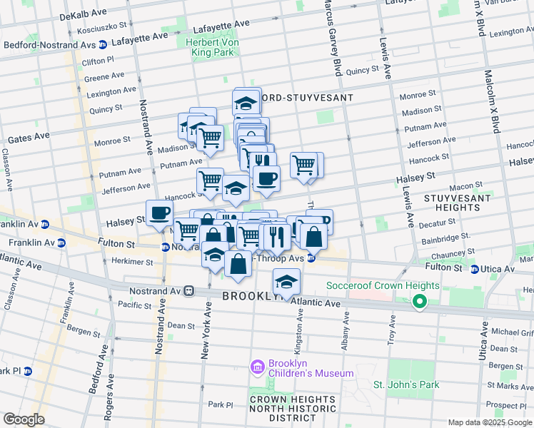 map of restaurants, bars, coffee shops, grocery stores, and more near 195 Macon Street in Brooklyn