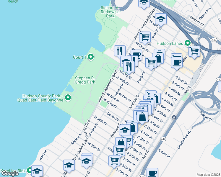 map of restaurants, bars, coffee shops, grocery stores, and more near 135 Avenue B in Bayonne
