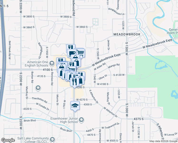 map of restaurants, bars, coffee shops, grocery stores, and more near 4114 South Oak Meadows Drive in Taylorsville