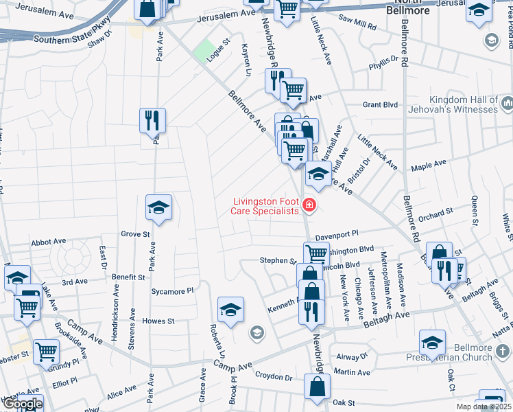 map of restaurants, bars, coffee shops, grocery stores, and more near Logan Street in North Bellmore