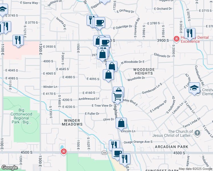 map of restaurants, bars, coffee shops, grocery stores, and more near 4128 South Winder Ward Drive in Millcreek