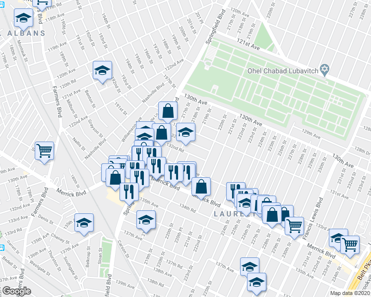 map of restaurants, bars, coffee shops, grocery stores, and more near 132-15 218th Street in Queens
