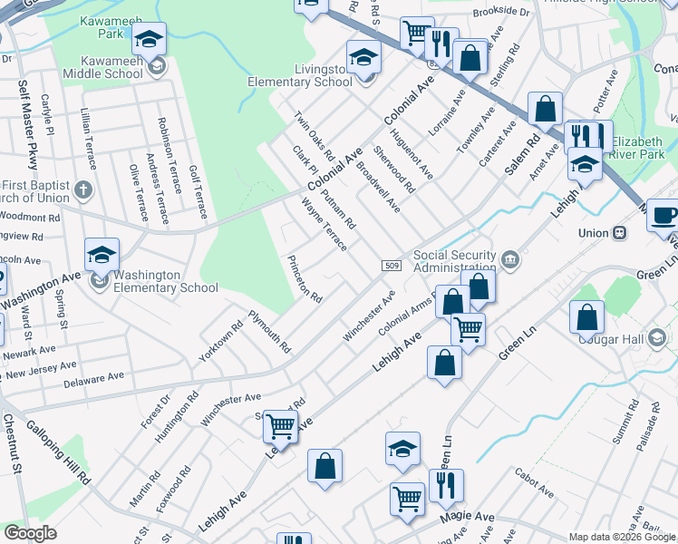 map of restaurants, bars, coffee shops, grocery stores, and more near 677 Duquesne Terrace in Union