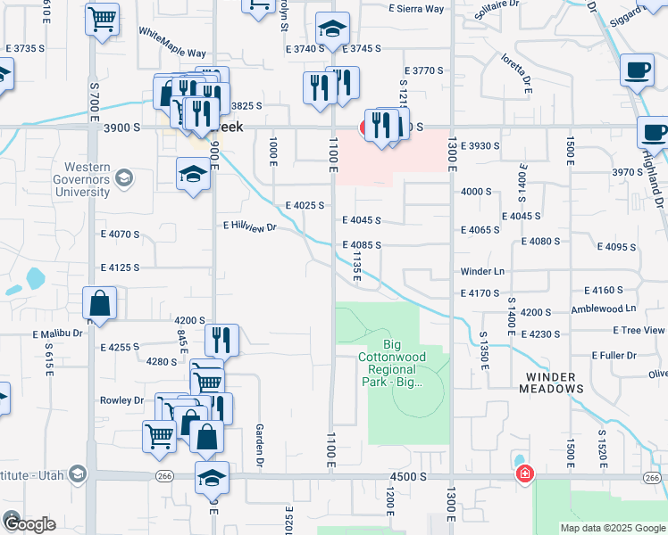 map of restaurants, bars, coffee shops, grocery stores, and more near 1152 East Hillview Drive in Millcreek