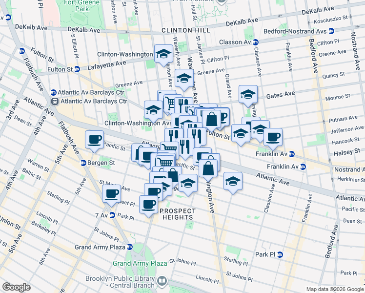 map of restaurants, bars, coffee shops, grocery stores, and more near 547 Clinton Avenue in Brooklyn