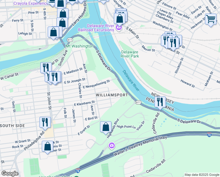 map of restaurants, bars, coffee shops, grocery stores, and more near 404 East Wilkes Barre Street in Easton