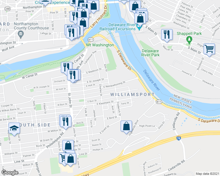 map of restaurants, bars, coffee shops, grocery stores, and more near 243 East Nesquehoning Street in Easton
