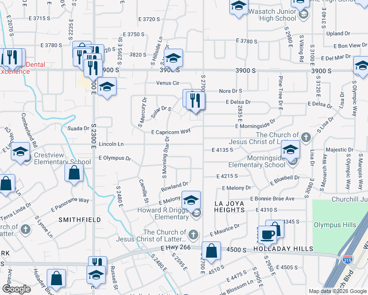 map of restaurants, bars, coffee shops, grocery stores, and more near 2651 Cecil Drive in Holladay