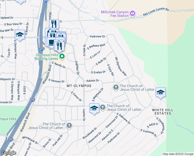 map of restaurants, bars, coffee shops, grocery stores, and more near 3815 Adonis Drive in Salt Lake City