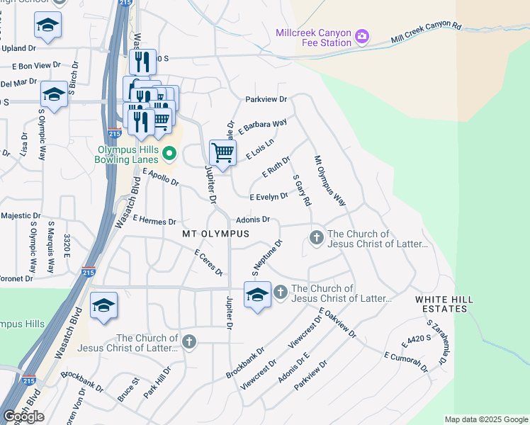 map of restaurants, bars, coffee shops, grocery stores, and more near 3815 Adonis Drive in Salt Lake City