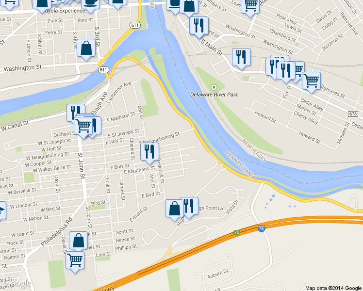 map of restaurants, bars, coffee shops, grocery stores, and more near 404 East Wilkes Barre Street in Easton