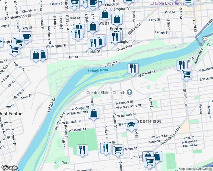 map of restaurants, bars, coffee shops, grocery stores, and more near 707 Mauch Chunk Street in Easton