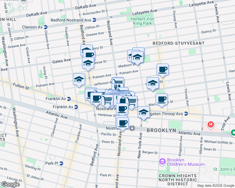 map of restaurants, bars, coffee shops, grocery stores, and more near 492 Nostrand Avenue in Brooklyn