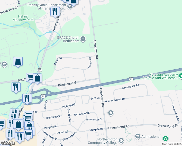 map of restaurants, bars, coffee shops, grocery stores, and more near 3510 Manor Road in Bethlehem
