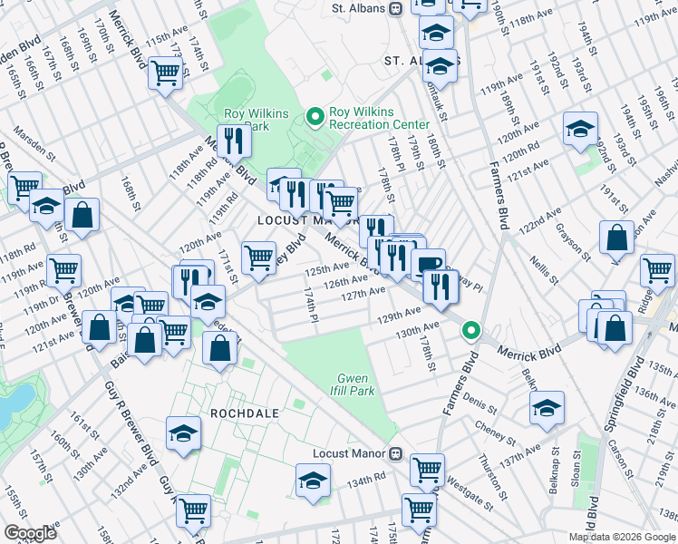 map of restaurants, bars, coffee shops, grocery stores, and more near 174-36 126th Avenue in Queens