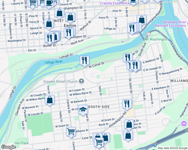 map of restaurants, bars, coffee shops, grocery stores, and more near 424 West Saint Joseph Street in Easton