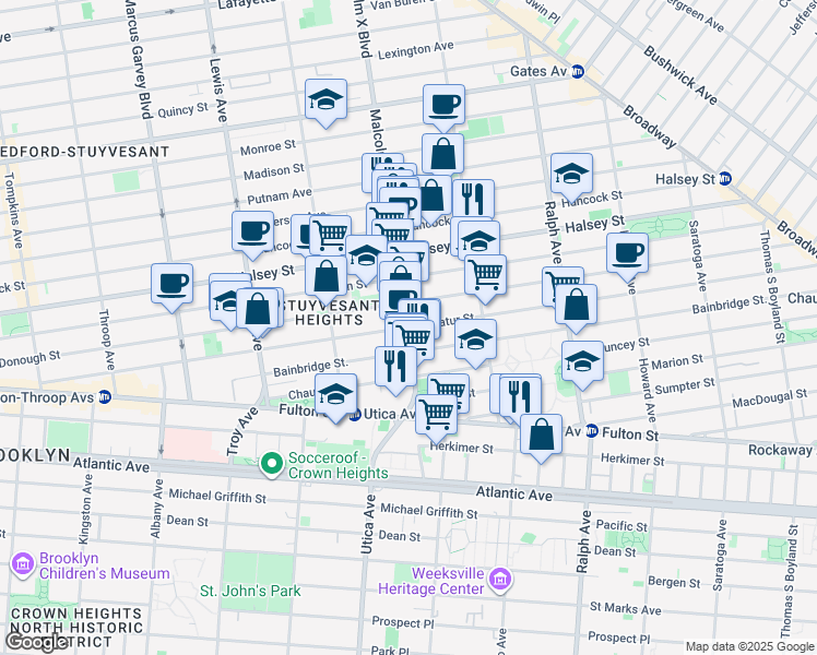 map of restaurants, bars, coffee shops, grocery stores, and more near Malcolm X Blvd & Decatur St in Brooklyn