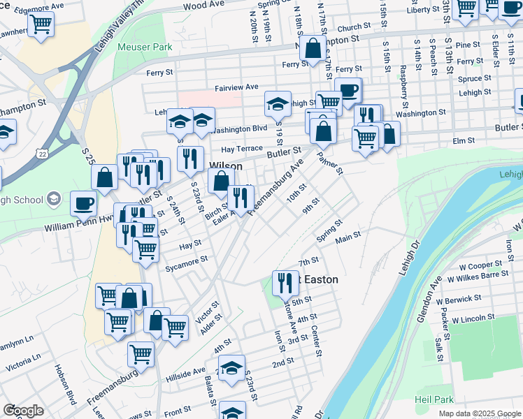 map of restaurants, bars, coffee shops, grocery stores, and more near 1014 Center Street in Easton